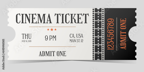 Cinema entry white ticket with black in old style. Admit one