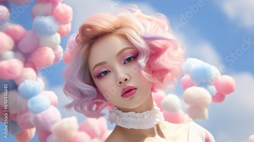 Close up Korean fashion model with candy make up and marshmallow clouds in the background.