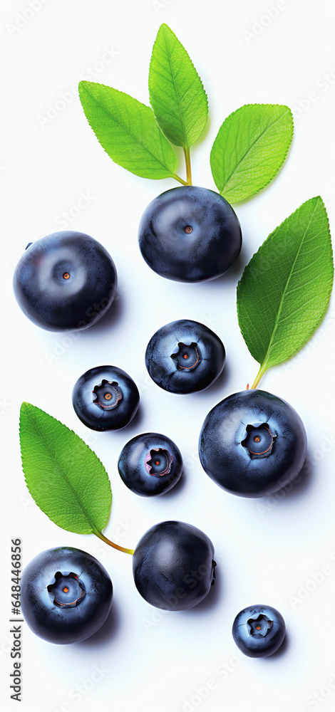Frische Blaubeeren / Blueberry mit einzelnen Blättern isoliert auf weißem Hintergrund with generative KI Frische Blaubeeren / Blueberry mit einzelnen Blättern isoliert auf weißem Hintergrund with generative KI