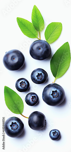 Frische Blaubeeren / Blueberry mit einzelnen Blättern isoliert auf weißem Hintergrund with generative KI