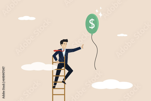 Stairs of success, achieving targets or investors looking for investment profits, successful businessmen climbing the stairs up to the clouds to catch balloons with dollar bills.
