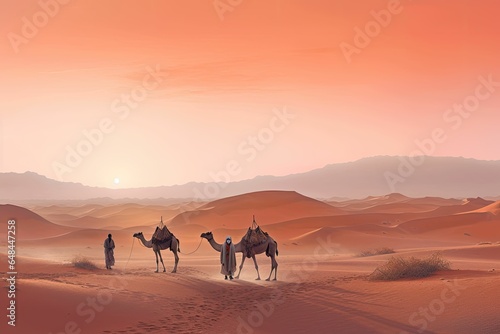 Sahara Desert with sand dunes and a camel caravan