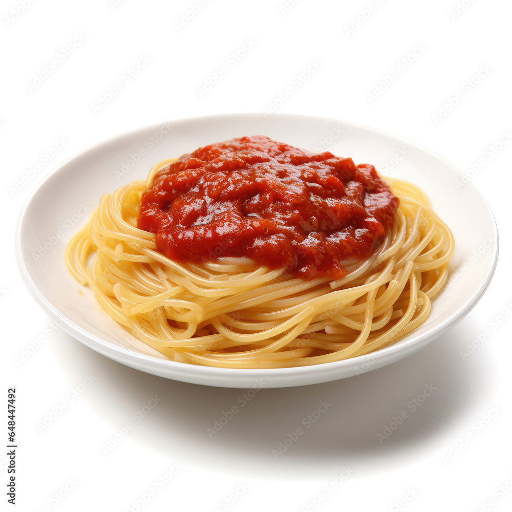 spaghetti with tomato sauce and basil isolated on white background spaghetti with tomato sauce and basil isolated on white background