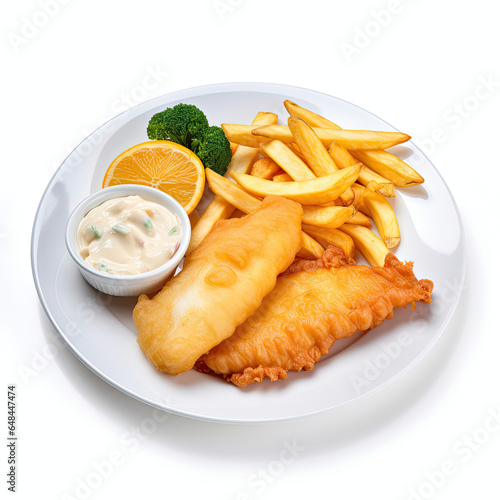 fried fish and chips isolated on white background