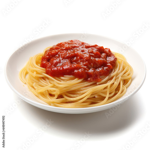 spaghetti with tomato sauce and basil isolated on white background