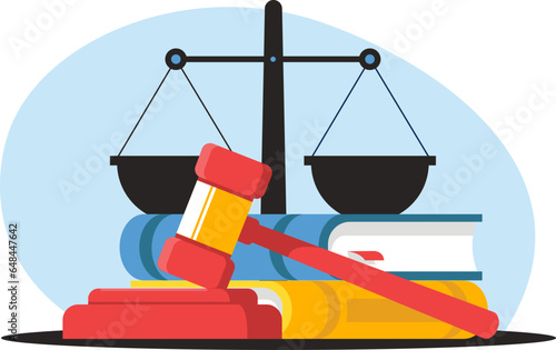 Legislative system icon, court paraphernalia laws, legal scales, judge's gavel. Stock vector illustration