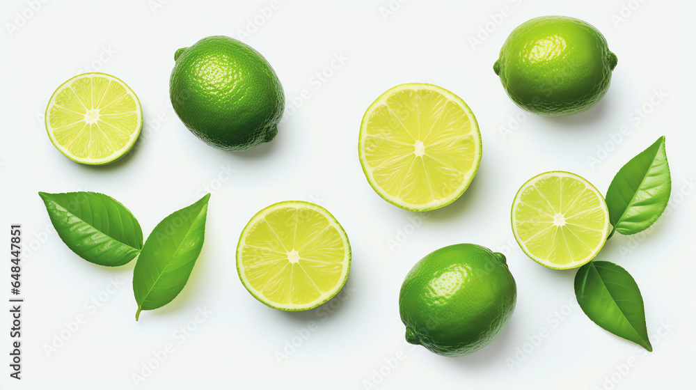 Einzelne Limette und Blätter isoliert, Lime with generative KI
