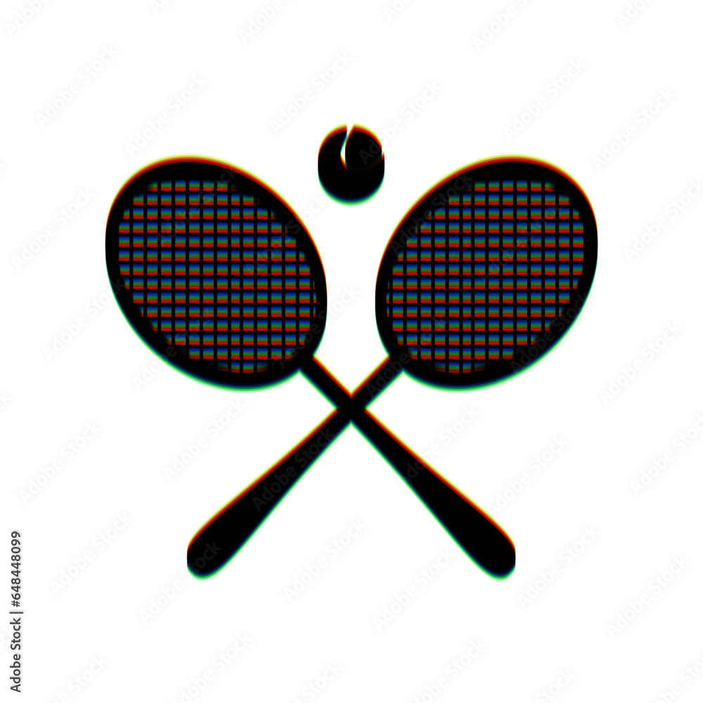Two tennis racket with ball sign. Black Icon with vertical effect of color edge aberration at white background. Illustration. Two tennis racket with ball sign. Black Icon with vertical effect of color edge aberration at white background. Illustration.