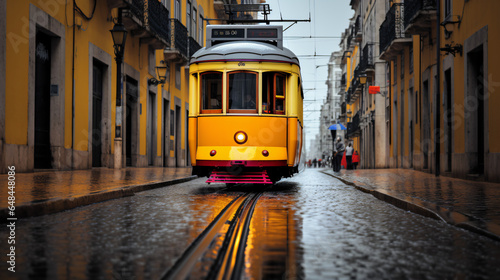 Yellow train 28 on streets of Lisbon Portugal