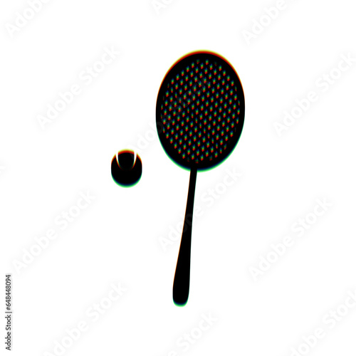 Tennis racquet with ball sign. Black Icon with vertical effect of color edge aberration at white background. Illustration.