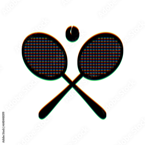 Two tennis racket with ball sign. Black Icon with vertical effect of color edge aberration at white background. Illustration.