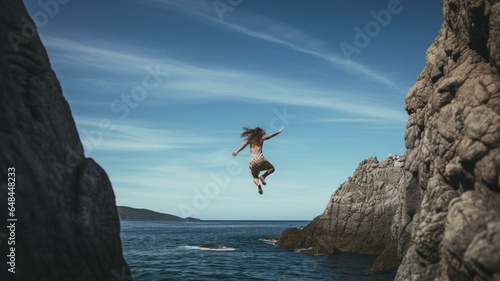 Woman jumping off a rock into the water