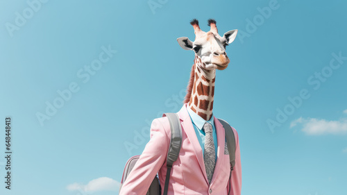Giraffe in suit and pants with backpack ready for school, in pink and pastel blue. Fashion and school concept