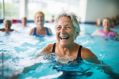 Active senior women enjoy an aqua fit class in a pool, exuding joy and camaraderie while embodying a healthy and retired lifestyle.  © Md Shahjahan