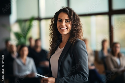 A confident businesswoman delivers a compelling corporate presentation at a seminar or conference, demonstrating her expertise and strong leadership skills in a professional setting.
