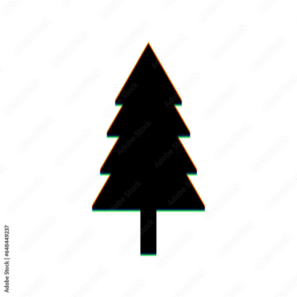 New year tree sign. Black Icon with vertical effect of color edge aberration at white background. Illustration. New year tree sign. Black Icon with vertical effect of color edge aberration at white background. Illustration.