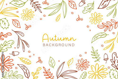 Fototapeta Naklejka Na Ścianę i Meble -  Autumn background, frame with colorful leaves in doodle style. Vector template for card, banner, invitation, social media post, poster, mobile app, web advertising.