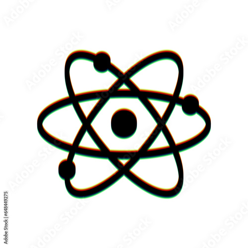 Atom sign illustration. Black Icon with vertical effect of color edge aberration at white background. Illustration.