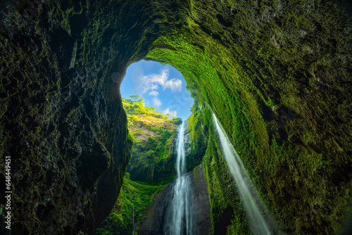 Beautiful waterfalls in sunny day,Bottom view Madakaripura Waterfall is the tallest waterfall in East Java, Indonesia