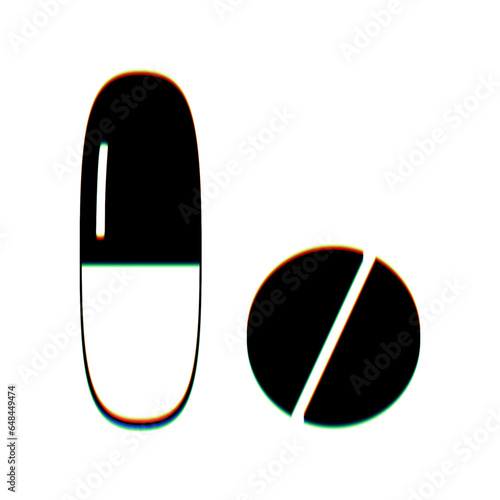 Medical pills sign. Black Icon with vertical effect of color edge aberration at white background. Illustration.