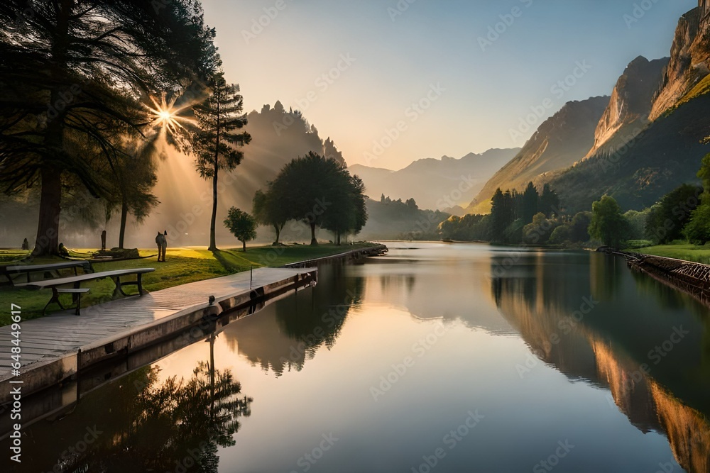 A peaceful riverside scene at dawn.