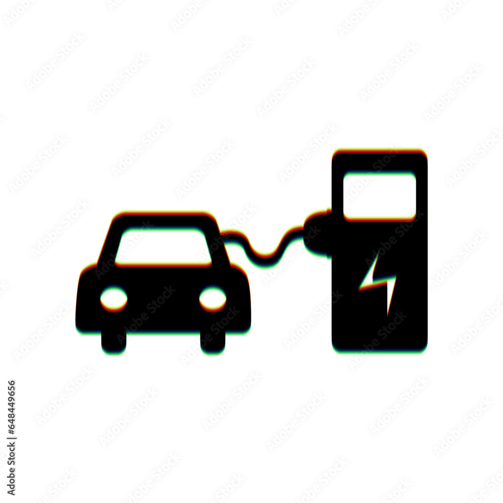 Electric car battery charging sign. Black Icon with vertical effect of color edge aberration at white background. Illustration. Electric car battery charging sign. Black Icon with vertical effect of color edge aberration at white background. Illustration.