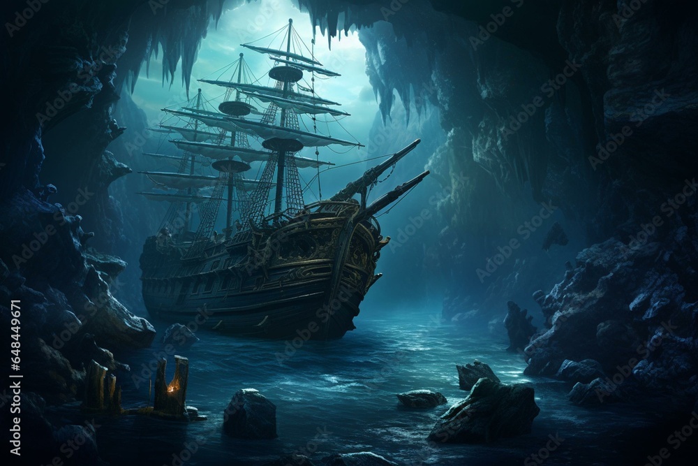 Fototapeta premium An underwater scene with a pirate ship, a distant city on an island, dark colors, realistic details, night time, stone ceiling, and glowing lichen. Generative AI