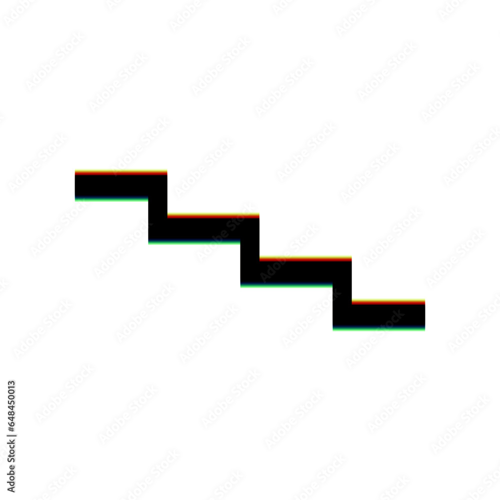 Stair down sign. Black Icon with vertical effect of color edge aberration at white background. Illustration. Stair down sign. Black Icon with vertical effect of color edge aberration at white background. Illustration.