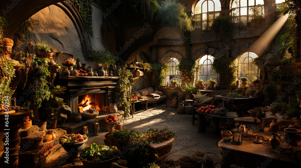 Fantasy garden room in the castle with fireplace. - obrazy, fototapety, plakaty 