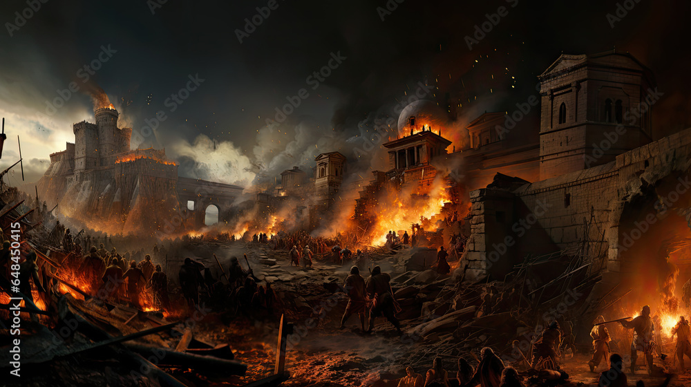 Ruins of the old city at night. Fight of Second Punic War. - obrazy, fototapety, plakaty 