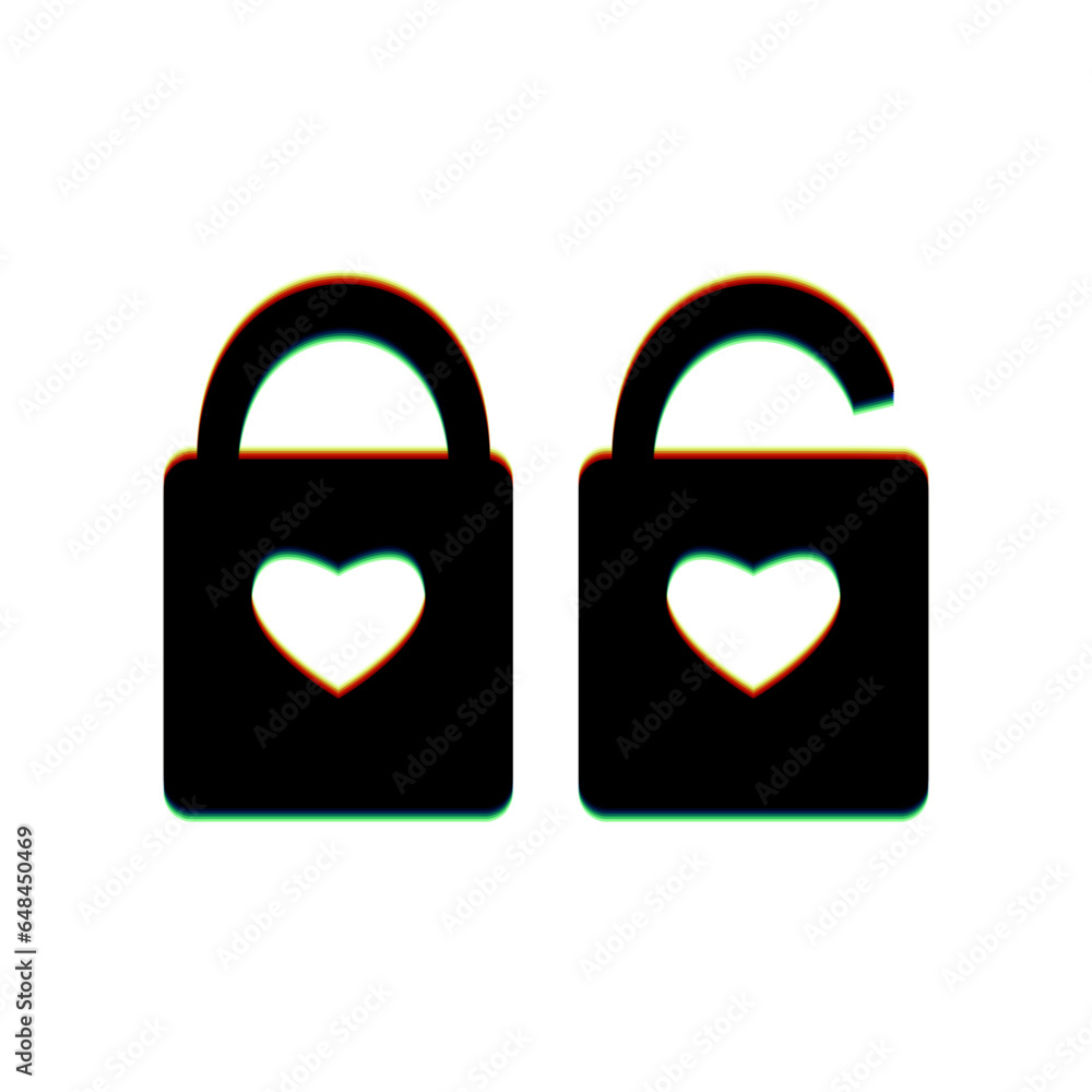 Lock sign with heart shape. Black Icon with vertical effect of color edge aberration at white background. Illustration. Lock sign with heart shape. Black Icon with vertical effect of color edge aberration at white background. Illustration.