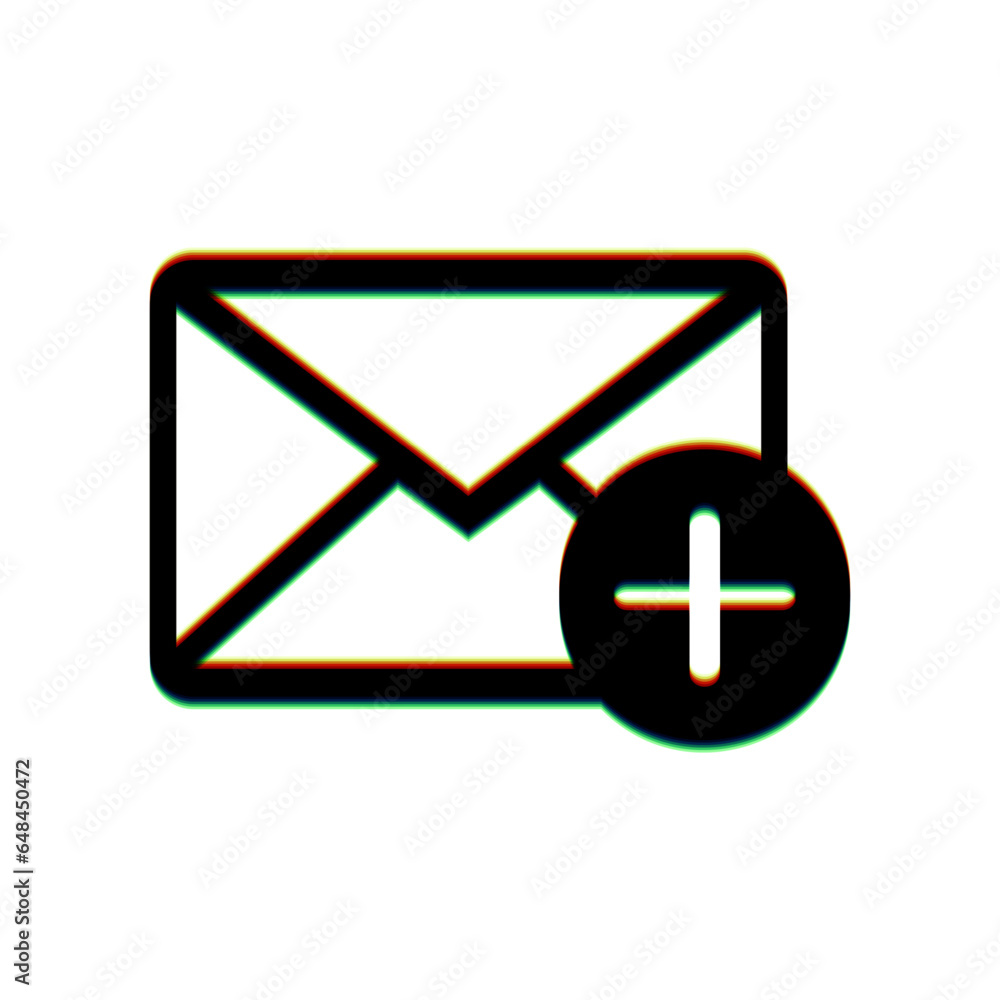 Mail sign illustration with add mark. Black Icon with vertical effect of color edge aberration at white background. Illustration. Mail sign illustration with add mark. Black Icon with vertical effect of color edge aberration at white background. Illustration.