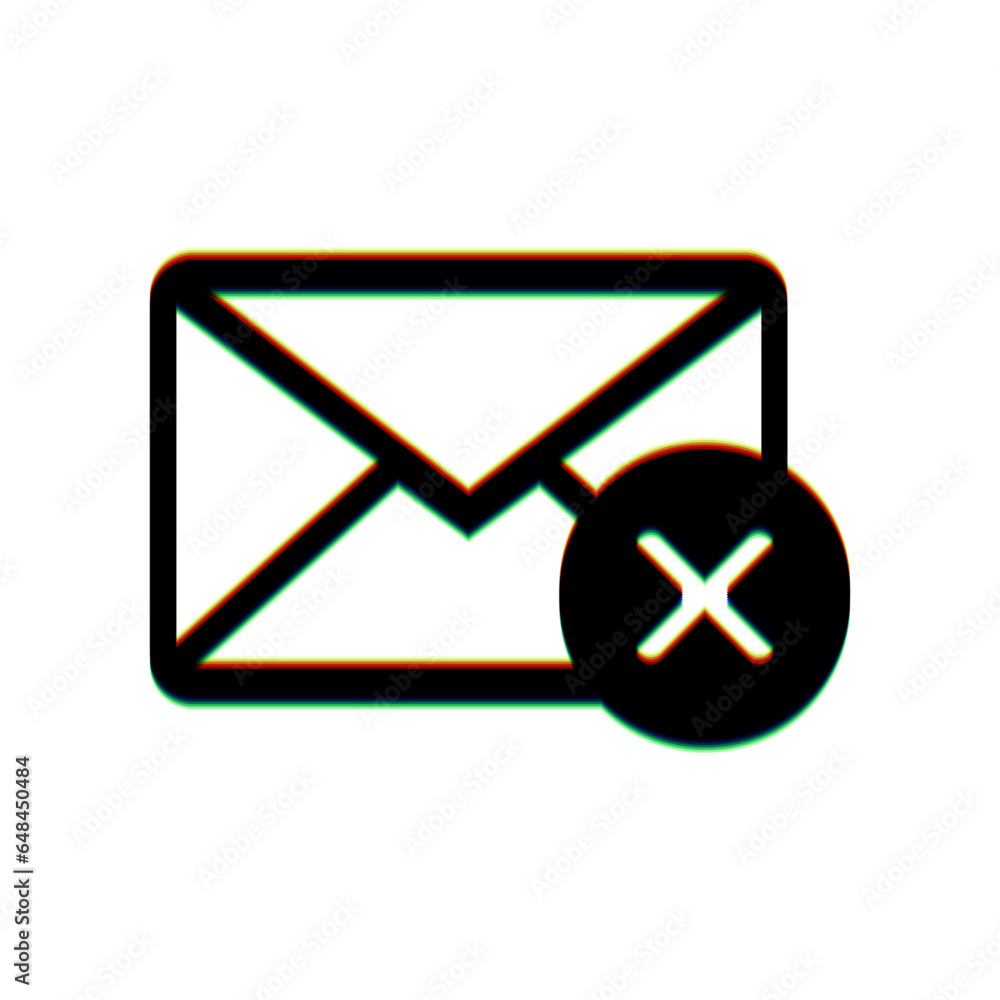 Mail sign illustration with cancel mark. Black Icon with vertical effect of color edge aberration at white background. Illustration. Mail sign illustration with cancel mark. Black Icon with vertical effect of color edge aberration at white background. Illustration.