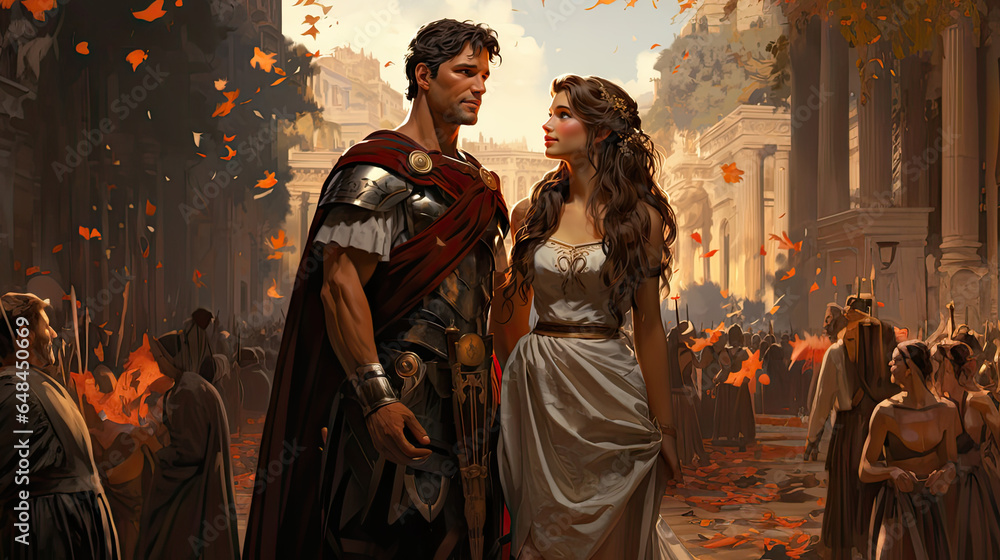 Fantasy illustration of a roman knight and a beautiful woman in love.