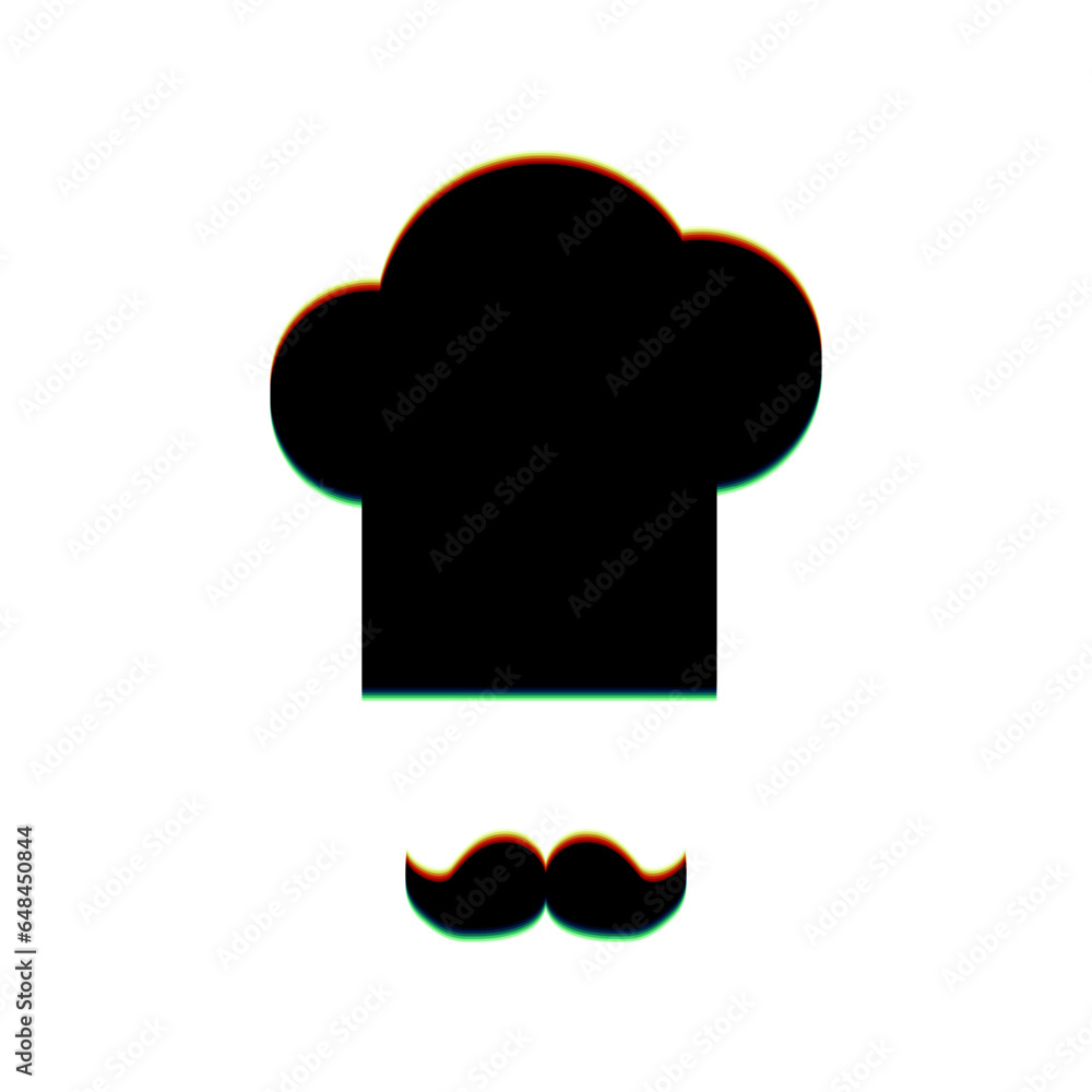 Chef hat and moustache sign. Black Icon with vertical effect of color edge aberration at white background. Illustration. Chef hat and moustache sign. Black Icon with vertical effect of color edge aberration at white background. Illustration.