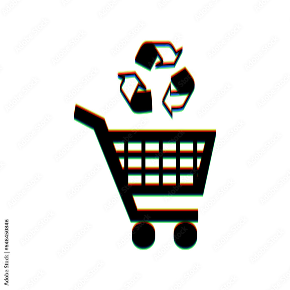 Shopping cart icon with a recycle sign. Black Icon with vertical effect of color edge aberration at white background. Illustration. Shopping cart icon with a recycle sign. Black Icon with vertical effect of color edge aberration at white background. Illustration.