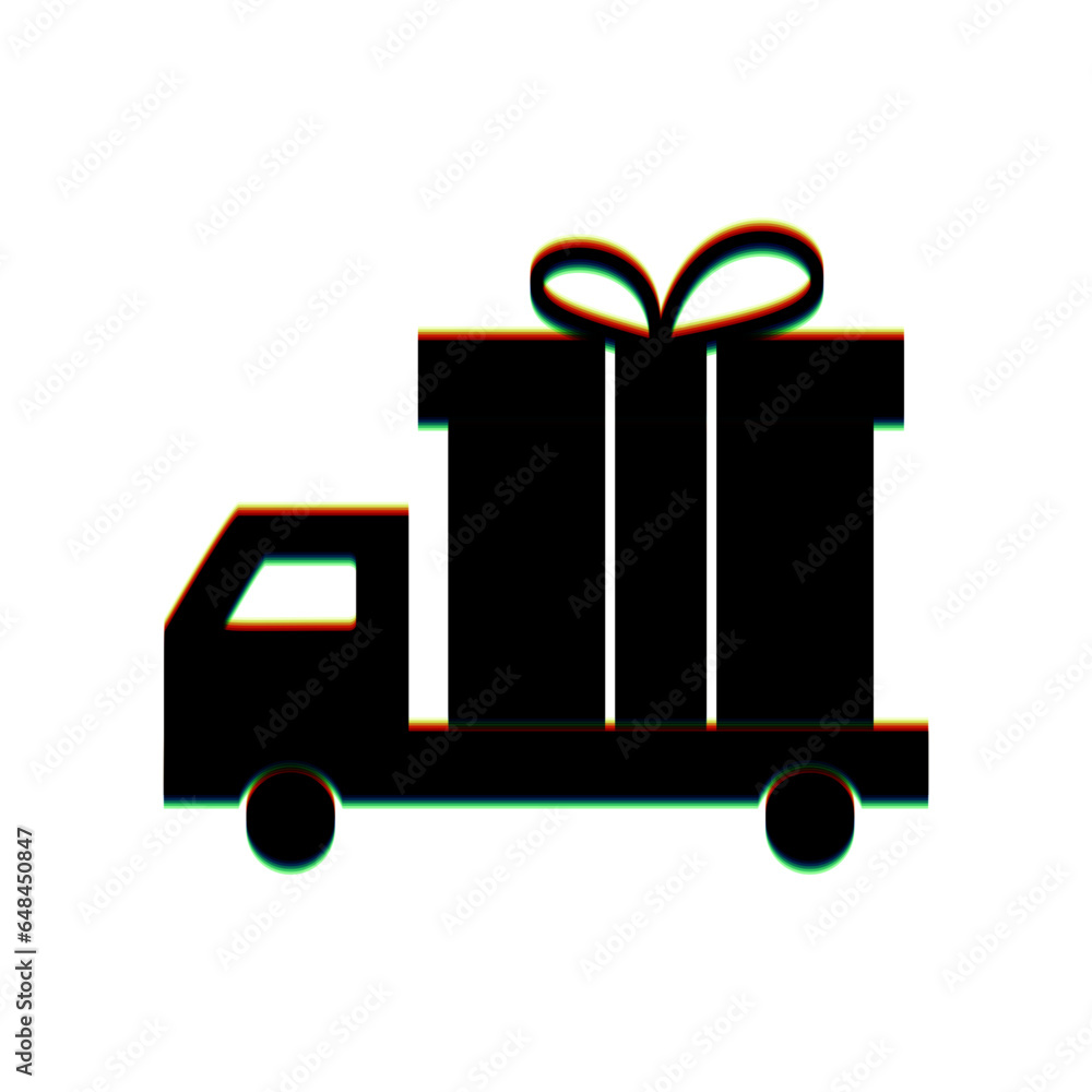 Delivery gift sign. Black Icon with vertical effect of color edge aberration at white background. Illustration. Delivery gift sign. Black Icon with vertical effect of color edge aberration at white background. Illustration.
