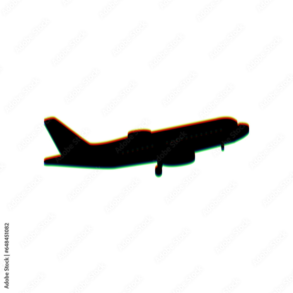 Flying Plane sign. Side view. Black Icon with vertical effect of color edge aberration at white background. Illustration.