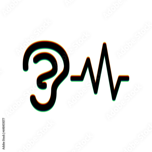 Ear hearing sound sign. Black Icon with vertical effect of color edge aberration at white background. Illustration.