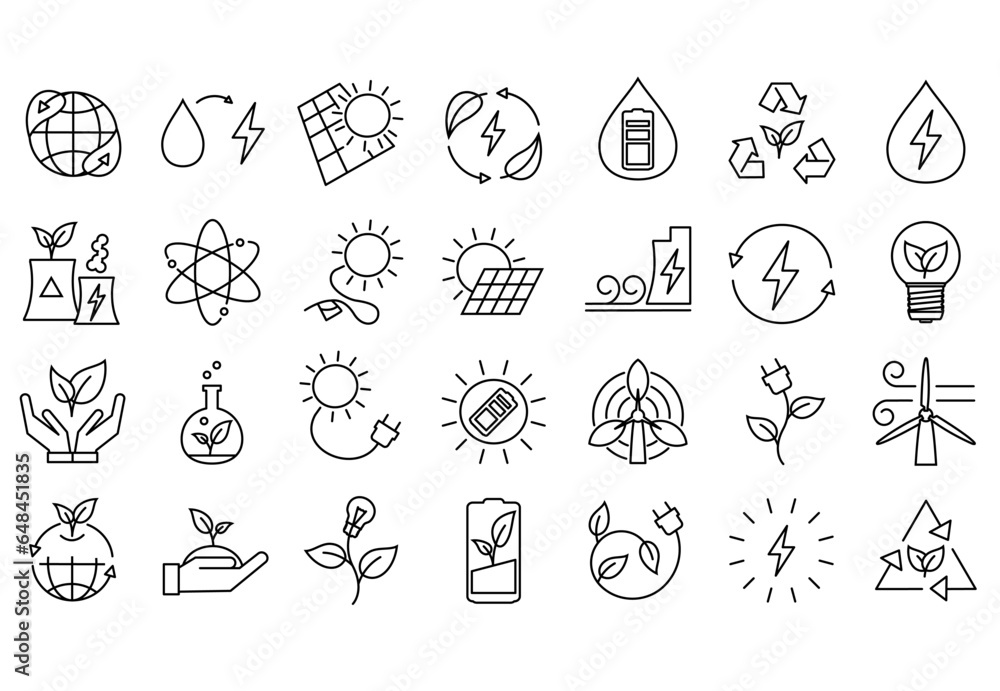 Ecology icons set. Eco friendly. Line minimalistic style. Collection of web icons such as recycling, alternative energy source, eco house, environmental protection, global warming. Editable Stroke