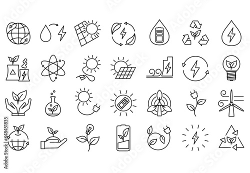 Ecology icons set. Eco friendly. Line minimalistic style. Collection of web icons such as recycling, alternative energy source, eco house, environmental protection, global warming. Editable Stroke