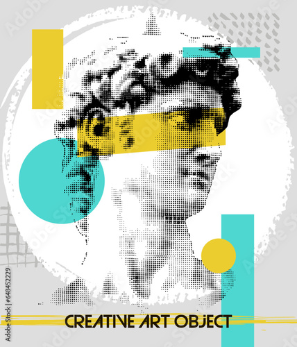 Creative modern classical Sculpture David art poster. Aesthetic contemporary art collage. Classical and antiquity with abstract shapes. Retro Futuristic 80s, 90s in art exhibition illustration. Vector