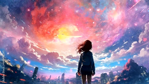 Generated AI, looping video anime silhouette woman against a beautiful sky best for screen 