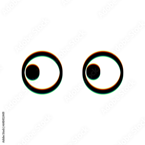 Cartoon eyes. Looking to the left. Black Icon with vertical effect of color edge aberration at white background. Illustration.