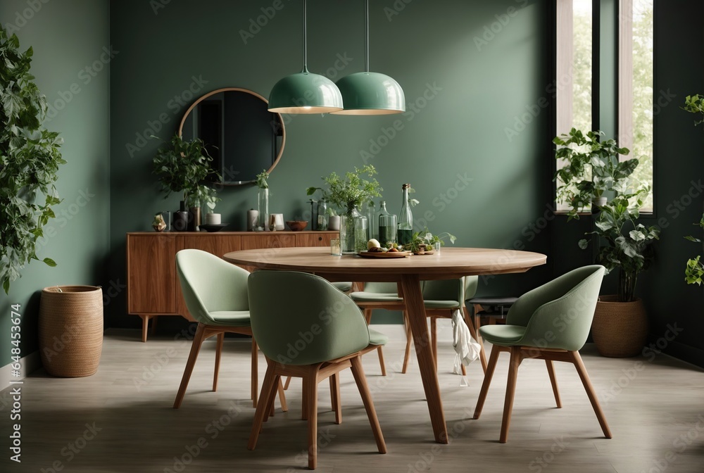 A contemporary room with a round wooden dining table, light-green barrel chairs, and a dark wood ...