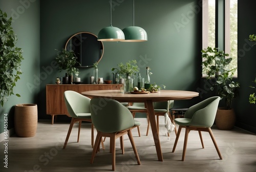 A contemporary room with a round wooden dining table  light-green barrel chairs  and a dark wood cabinet situated close to a green wall and lit by the window natural light.
