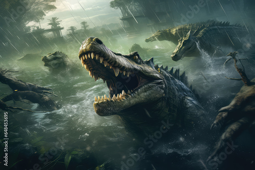 ancient crocodile on a shore of a lake