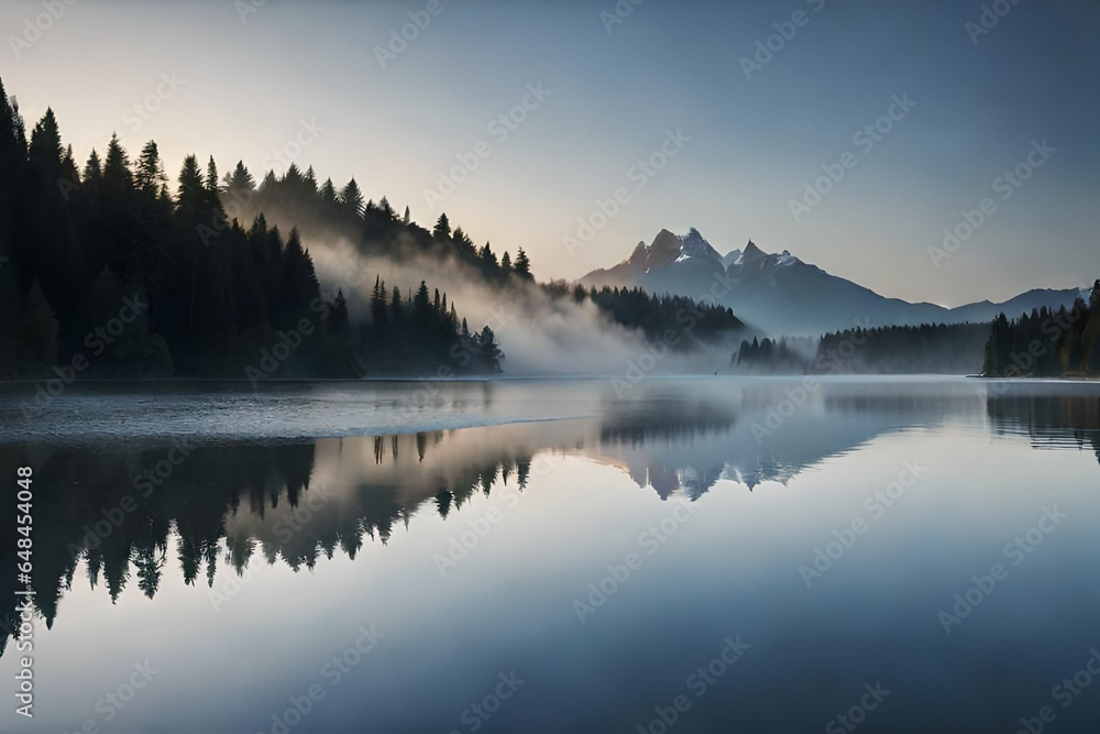 Fototapeta premium The inclusion of mist rising from the water's surface.