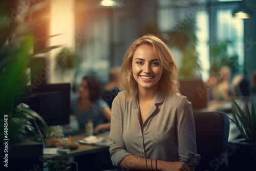 An image portrays a blonde female worker standing amidst her workplace  exuding an air of relaxation and self-assured confidence. The background is softly blurred  welcoming smile. Generative AI.