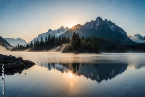 The inclusion of mist rising from the water's surface.